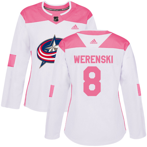 Adidas Blue Jackets #8 Zach Werenski White/Pink Authentic Fashion Women's Stitched NHL Jersey